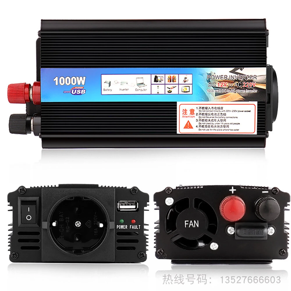(image for) 1000W Car Power Inverter 12V to 220V Converter DC to AC Inverter EU Plug Efficient Heat Dissipation for Outdoor Home Car