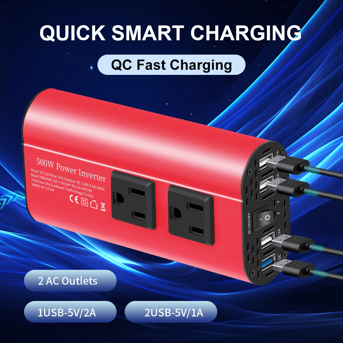 (image for) 12V to 220V Car Inverter Modified Sine Wave Car Power Converter 500W Peak Power Quick and Smart Charging