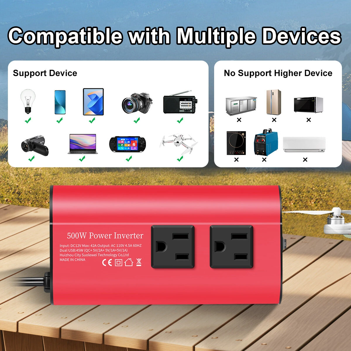 (image for) 12V to 220V Car Inverter Modified Sine Wave Car Power Converter 500W Peak Power Quick and Smart Charging