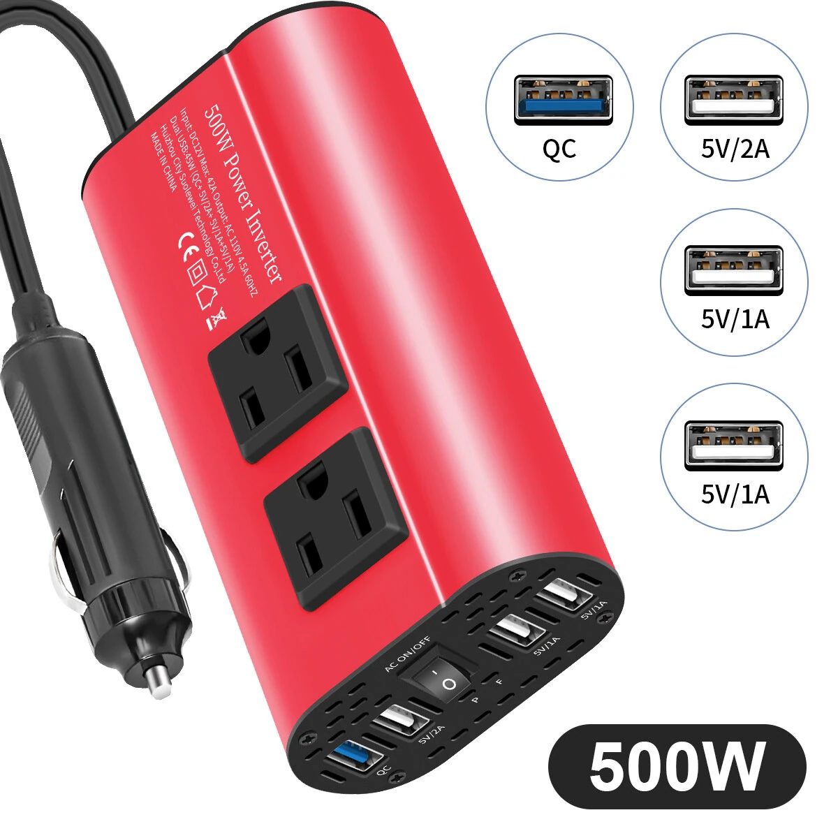(image for) 12V to 220V Car Inverter Modified Sine Wave Car Power Converter 500W Peak Power Quick and Smart Charging