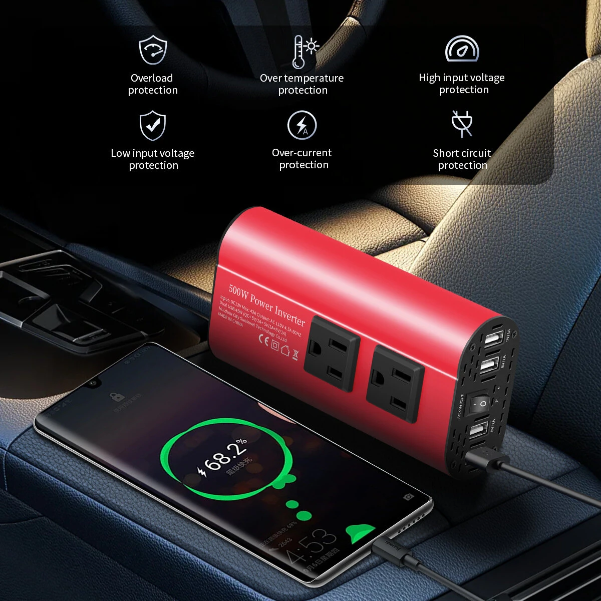 (image for) 12V to 220V Car Inverter Modified Sine Wave Car Power Converter 500W Peak Power Quick and Smart Charging