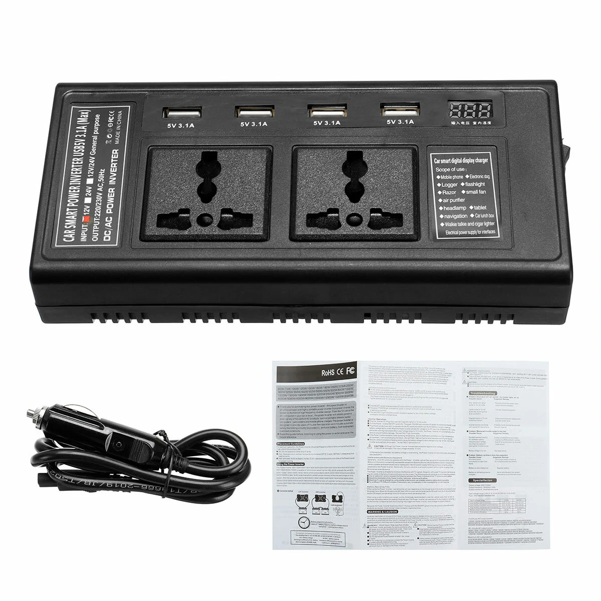(image for) 200W 12V To 220V DC/AC Car Power Inverter with 4 USB 2 Universal Socket Independent Switch Voltage Digital Display