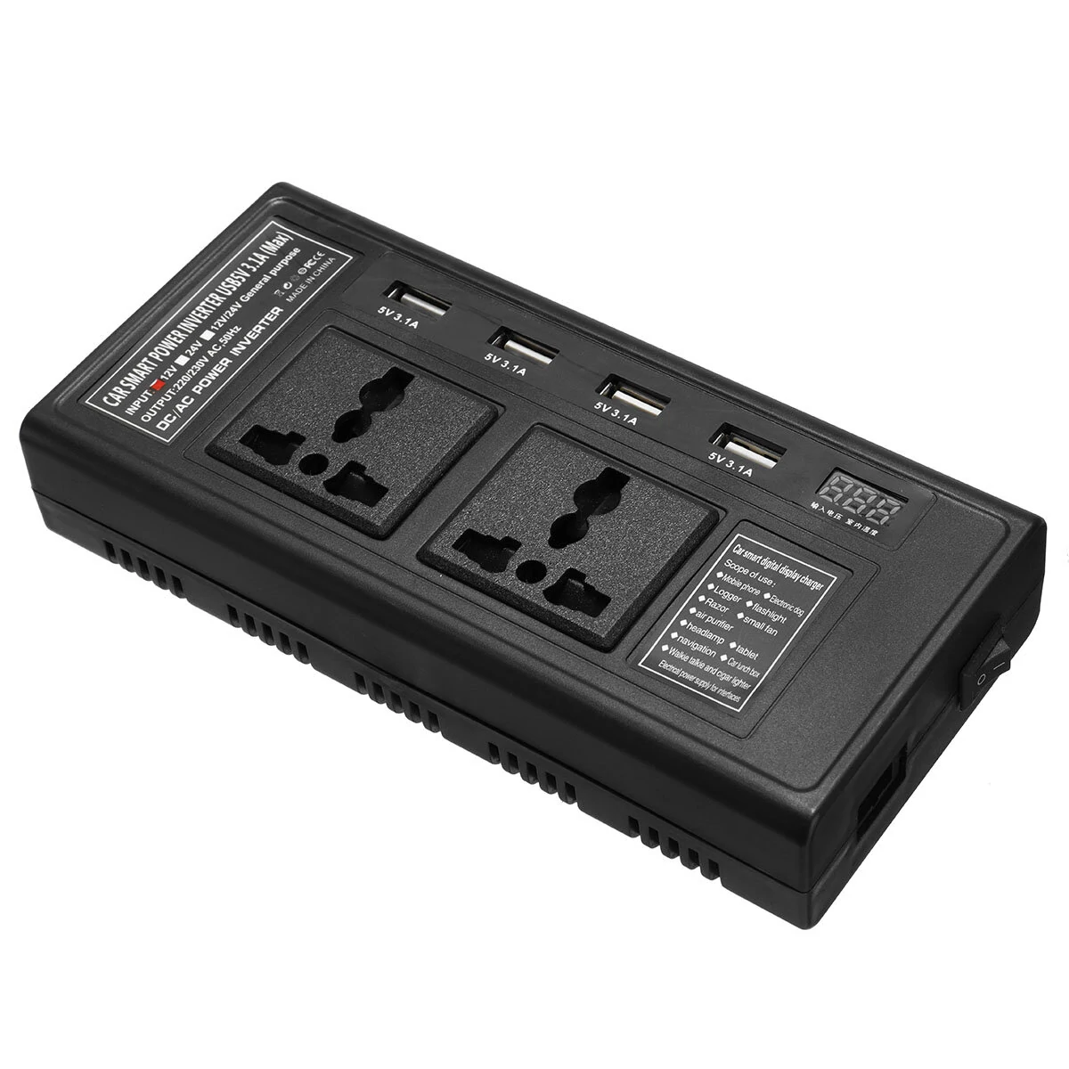 (image for) 200W 12V To 220V DC/AC Car Power Inverter with 4 USB 2 Universal Socket Independent Switch Voltage Digital Display