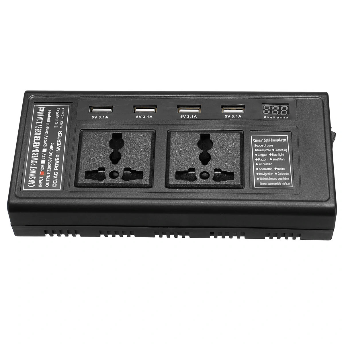 (image for) 200W 12V To 220V DC/AC Car Power Inverter with 4 USB 2 Universal Socket Independent Switch Voltage Digital Display