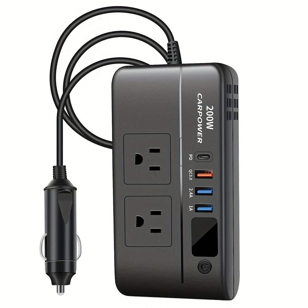 (image for) 200W Car Inverter DC 12V to 110V AC Power Inverter for Car Charger Adapter with PD 20W USB-C Dual USB Ports and QC3.0 Fast Charging Port