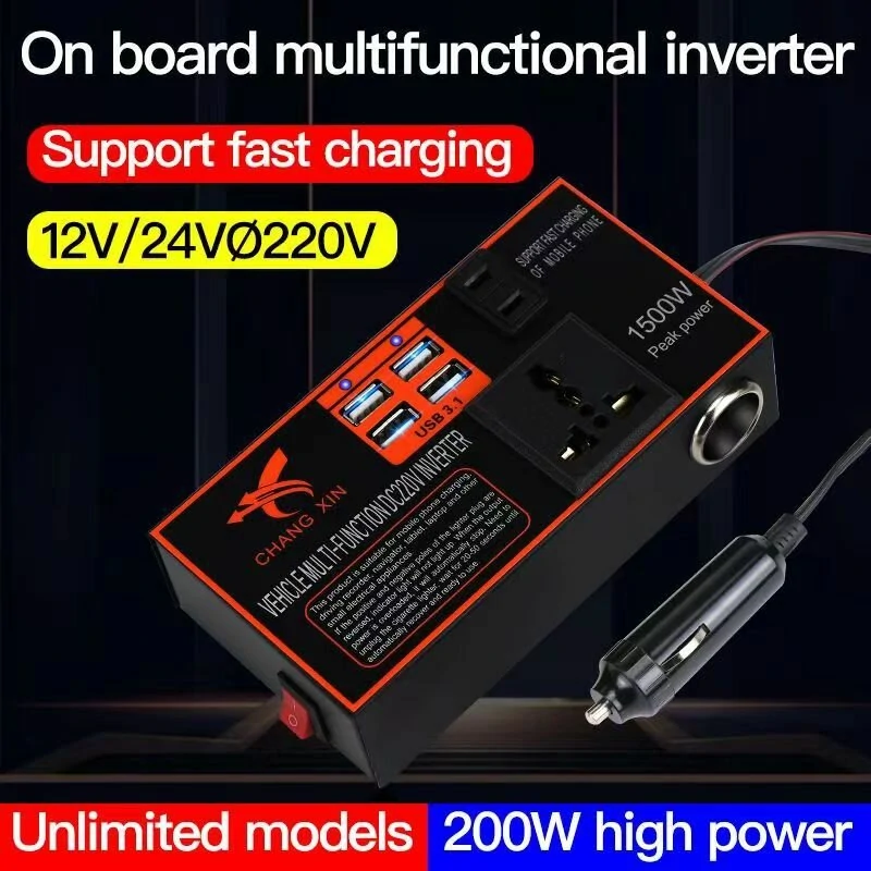 (image for) 200W Car Power Inveter DC 12V/24V to AC 220V Converter Socket 4 USB Fast Charger