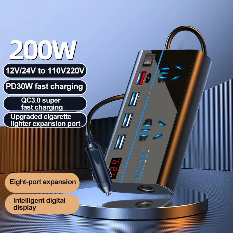 (image for) Car Inverter & Charger 12V to 110V/220V Power Converter with Digital Display Car Inverter Charger 12V24V To 110V220V Power Converter Type-C Mobile Phone Fast Charging