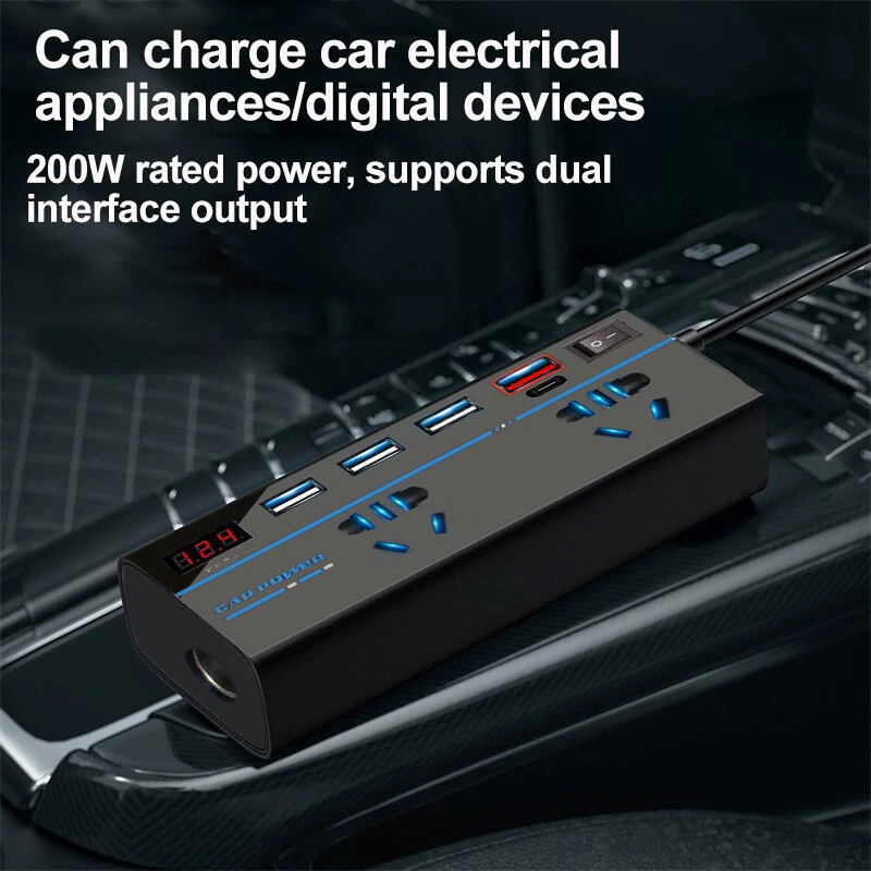 (image for) Car Inverter & Charger 12V to 110V/220V Power Converter with Digital Display Car Inverter Charger 12V24V To 110V220V Power Converter Type-C Mobile Phone Fast Charging