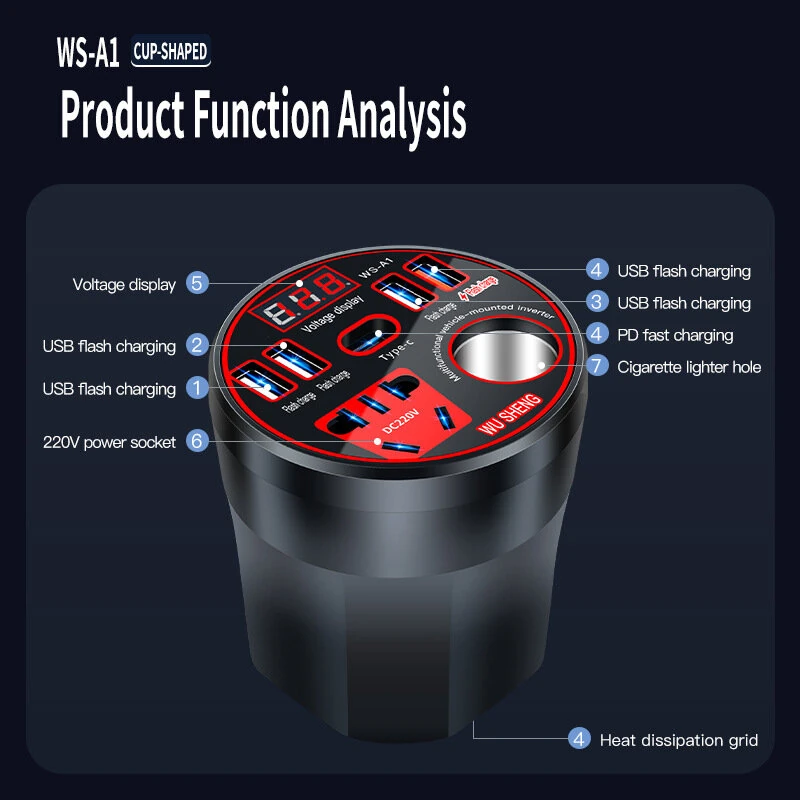 (image for) Car Inverter 12V 24V To 220V Power Converter 200W Multi-Function Car Socket Charger Mobile Phone Fast Charging with Digital Display