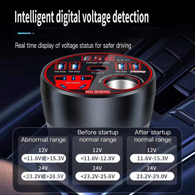 (image for) Car Inverter 12V 24V To 220V Power Converter 200W Multi-Function Car Socket Charger Mobile Phone Fast Charging with Digital Display