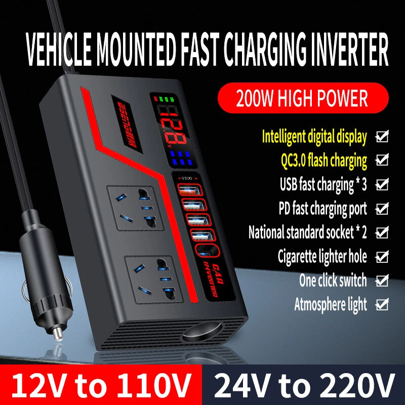 (image for) Car Inverter 12V to 110V 24V to 220V Multi-functional 200W Car Truck Converter Intelligent Digital Display Car Charging Socket