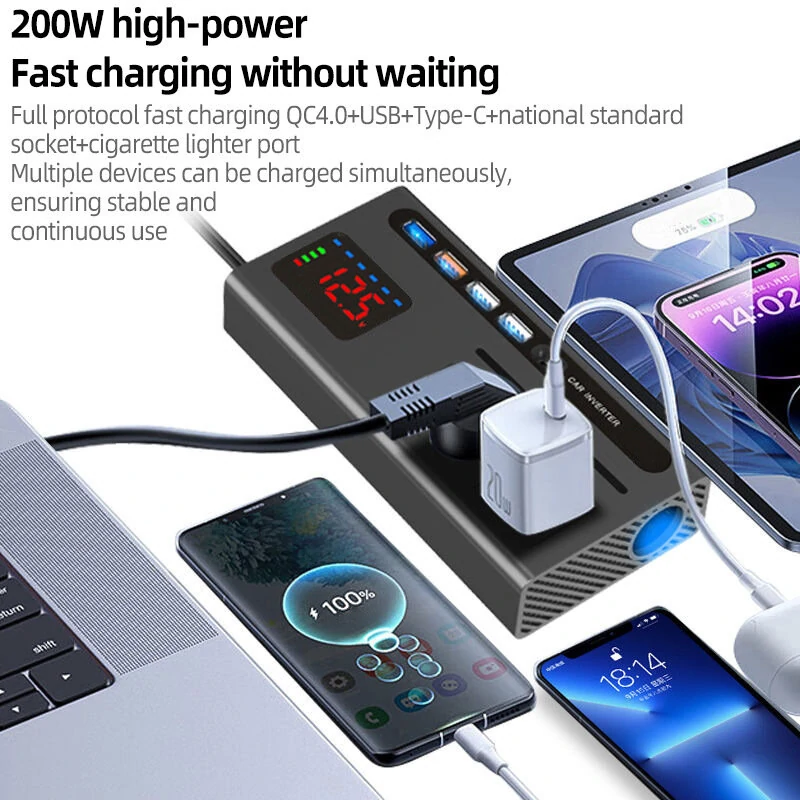 (image for) Car Power Inverter with Type-C Charger Car Inverter Charger Type-C Mobile Phone Fast Charging 12V 24V To 110V 220V Power Converter